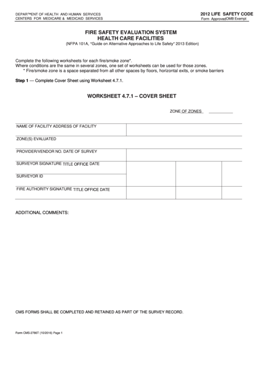 Form Cms-2786t - Fire Safety Evaluation System - Health Care 2012 Life Safety Code Printable pdf