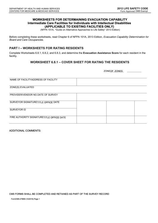 Form Cms-2786m - Worksheet For Determining Evacuation Capability - Icf-Iid (Existing Facilities Only) 2012 Life Safety Code Printable pdf
