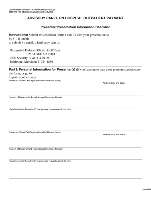 Fillable Form Cms-20017 - Advisory Panel On Hospital Outpatient Payment Printable pdf
