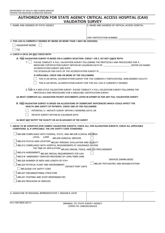 Fillable Form Cms-2802e - Request For Validation Of Accreditation For Critical Access Hospital Survey Printable pdf