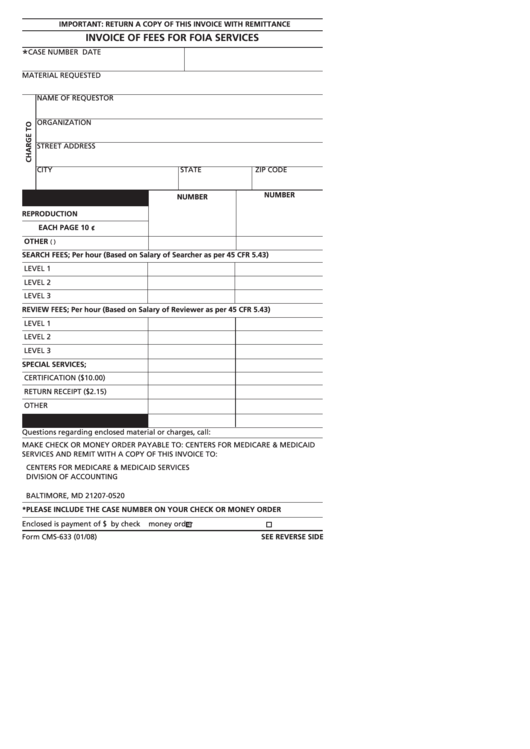 Form Cms-633 - Invoice Of Fees For Foia Services Printable pdf
