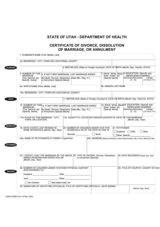 Udoh Ovrs Form 14 - Certificate Of Divorce, Dissolution Of Marriage, Or Annulment Printable pdf