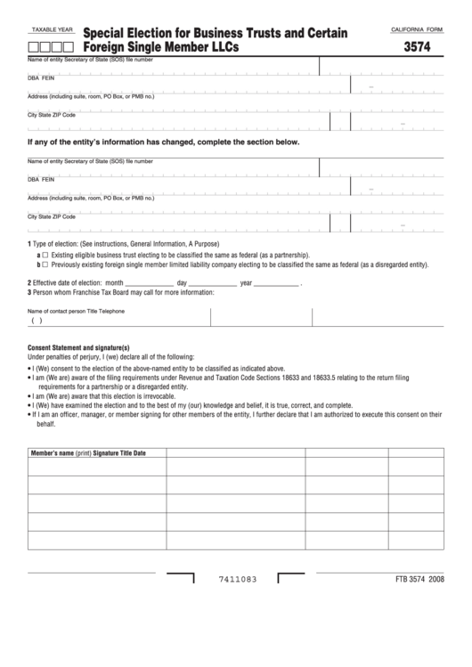 Fillable California Form 3574 - Special Election For Business Trusts And Certain Foreign Single Member Llcs Printable pdf