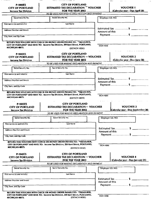 Form P-1040es - City Of Portland Estimated Tax Declaration Voucher For The Year 2002 Printable pdf