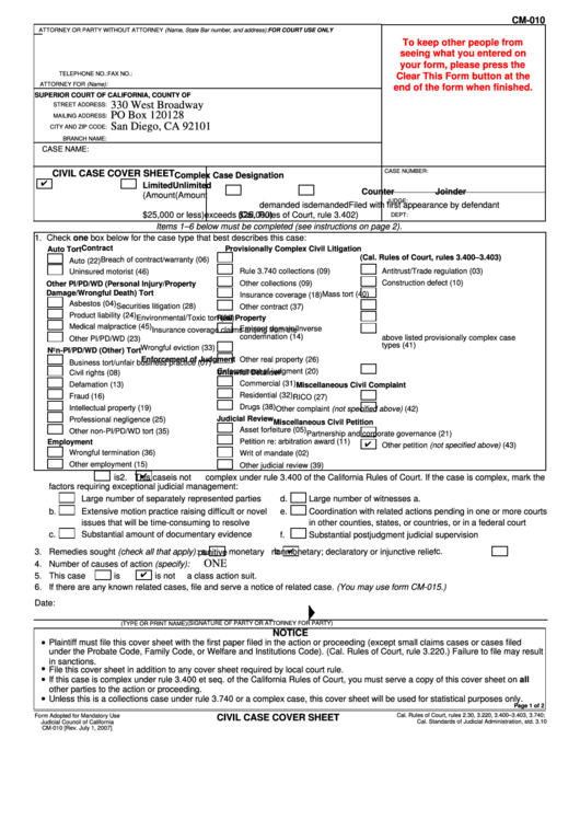 Fillable Form Cm-010 - Civil Case Cover Sheet Printable pdf
