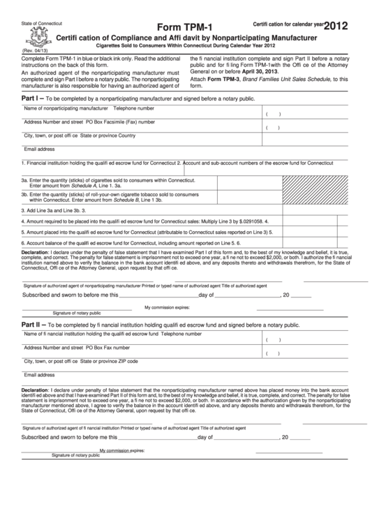 Form Tpm-1 - Certification Of Compliance And Affidavit By Nonparticipating Manufacturer - 2012 Printable pdf