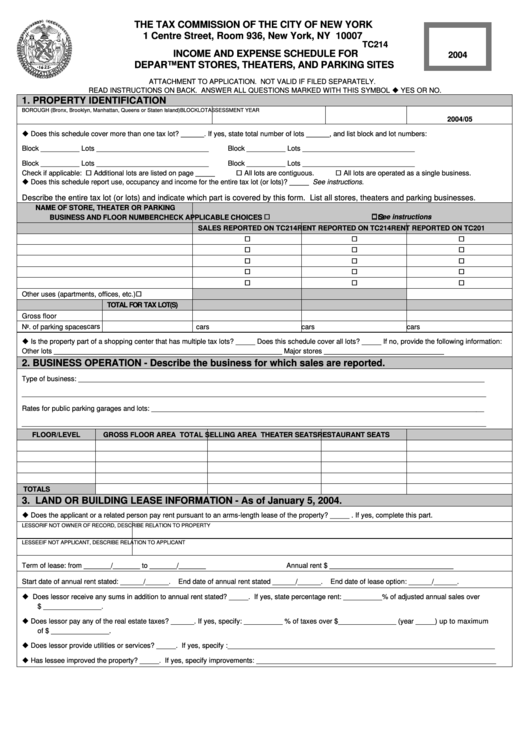Form Tc214 - Income And Expense Schedule For Department Stores, Theaters, And Parking Sites - 2004 Printable pdf