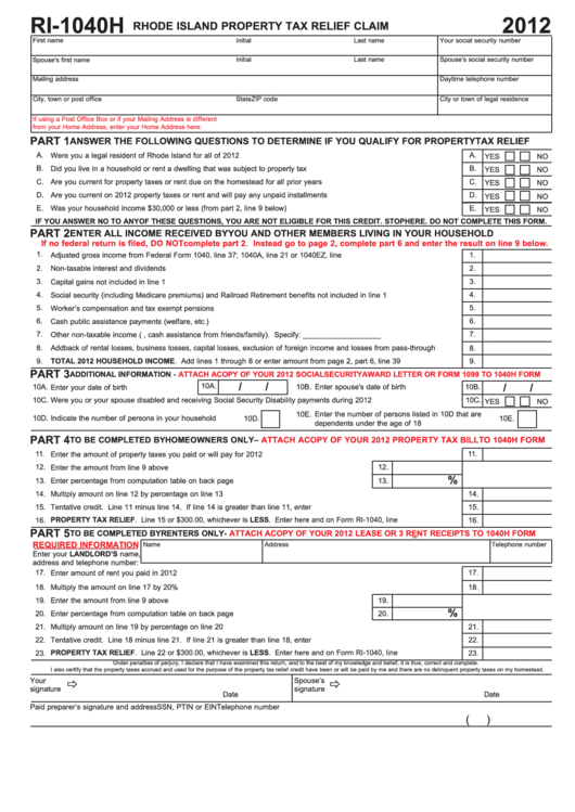 Form Ri-1040h - Rhode Island Property Tax Relief Claim - 2012 Printable pdf
