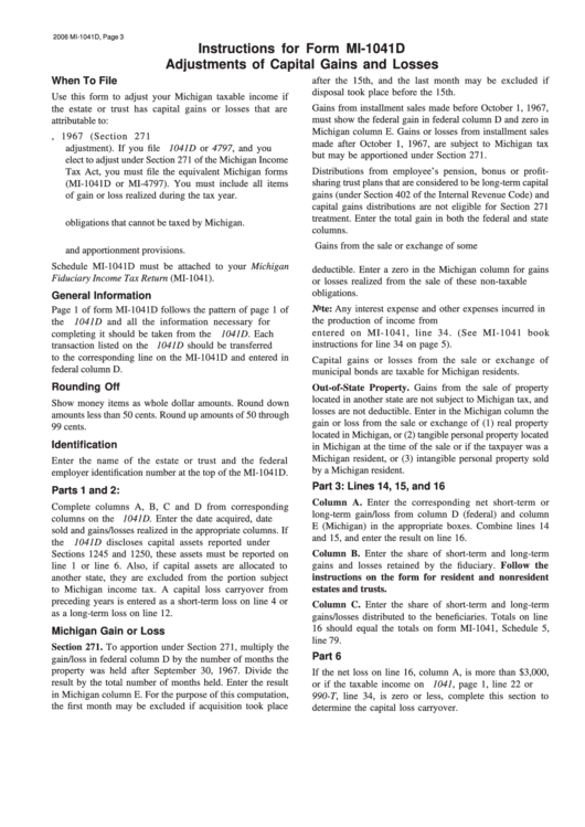 Form Mi-1041d - Instructions For Form Mi-1041d Adjustments Of Capital Gains And Losses - 2006 Printable pdf