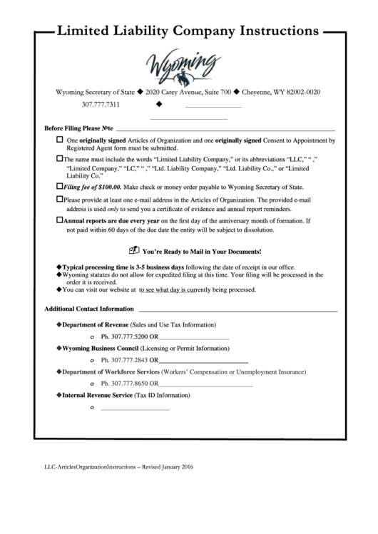 Fillable Form Llc - Limited Liability Company Articles Of Organization Printable pdf