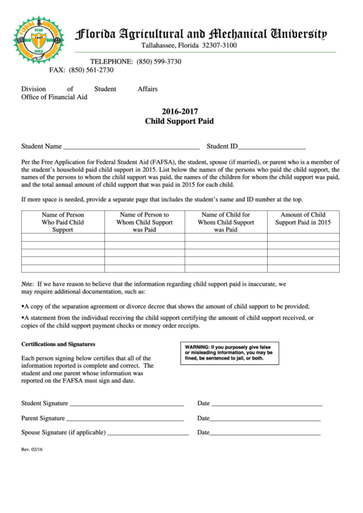 Child Support Paid Form - 2016-2017 Printable pdf