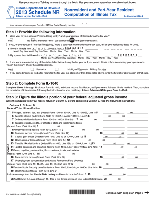 Fillable Form Il-1040 - Schedule Nr - Nonresident And Part-Year Resident Computation Of Illinois Tax - 2013 Printable pdf