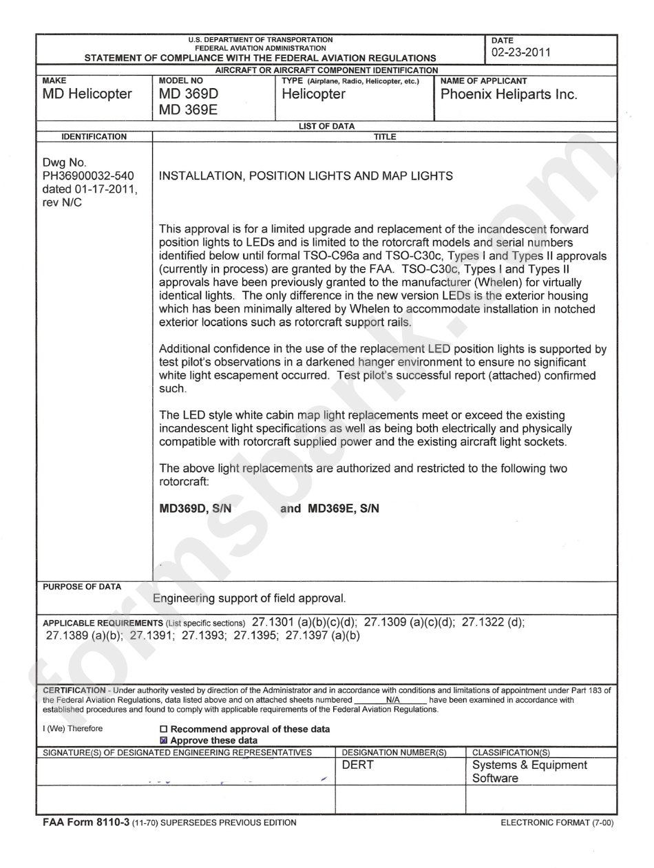 Form Faa Form 8110-3 - Statement Of Compliance With The Federal Aviation Regulations