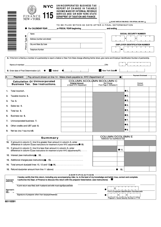 Form Nyc-115 - Unincorporated Business Tax Report Of Change In Taxable Income Made By Internal Revenue Service And/or New York State Department Of Taxation And Finance - 2002 Printable pdf
