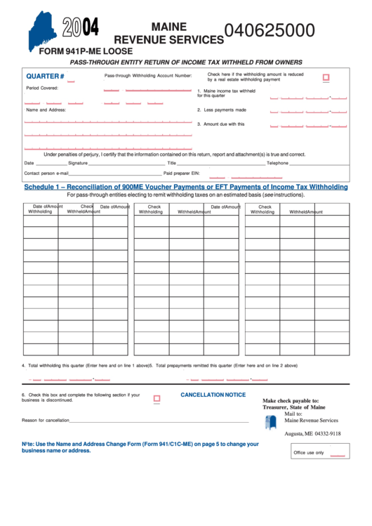 Form 941p-Me - Pass-Through Entity Return Of Income Tax Withheld From Owners - 2004 Printable pdf