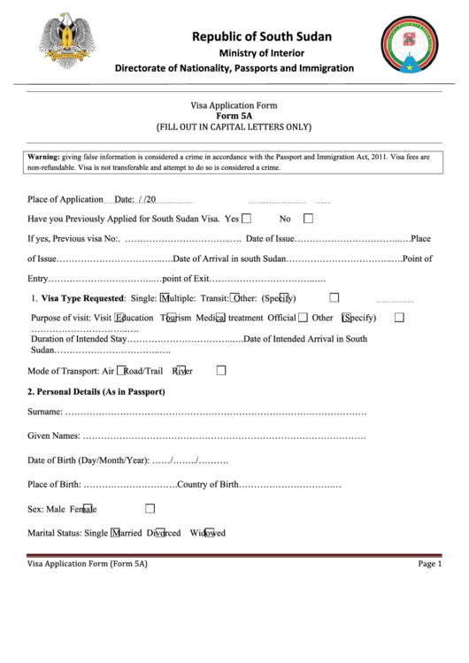 Form 5a - Visa Application Form Printable pdf