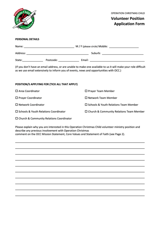 Volunteer Position Application Form Printable pdf