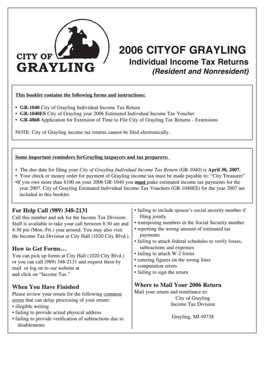 Individual Income Tax Returns Forms (Resident And Nonresident) - City Of Grayling - 2006 Printable pdf