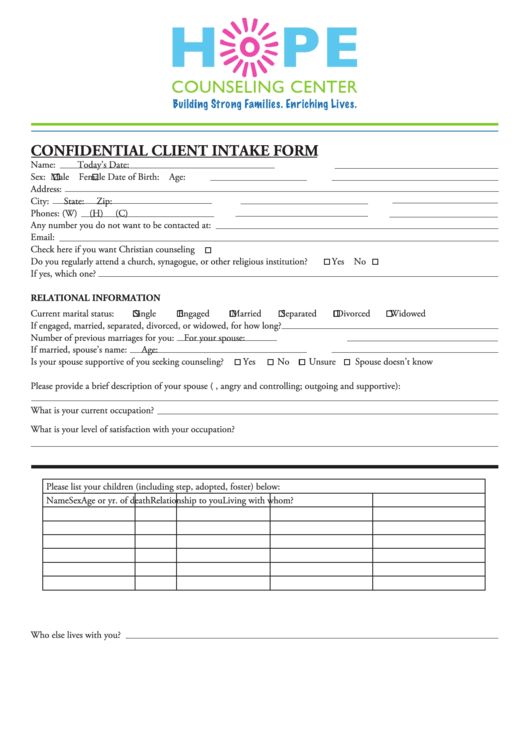 Confidential Client Intake Form Printable pdf