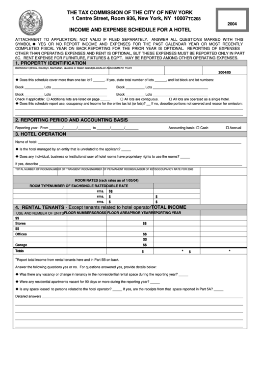 Form Tc208 - Income And Expense Schedule For A Hotel - 2004 Printable pdf