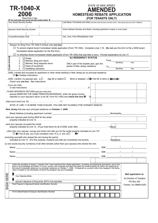 Fillable Form Tr-1040-X - Amended Homestead Rebate Application - 2006 Printable pdf