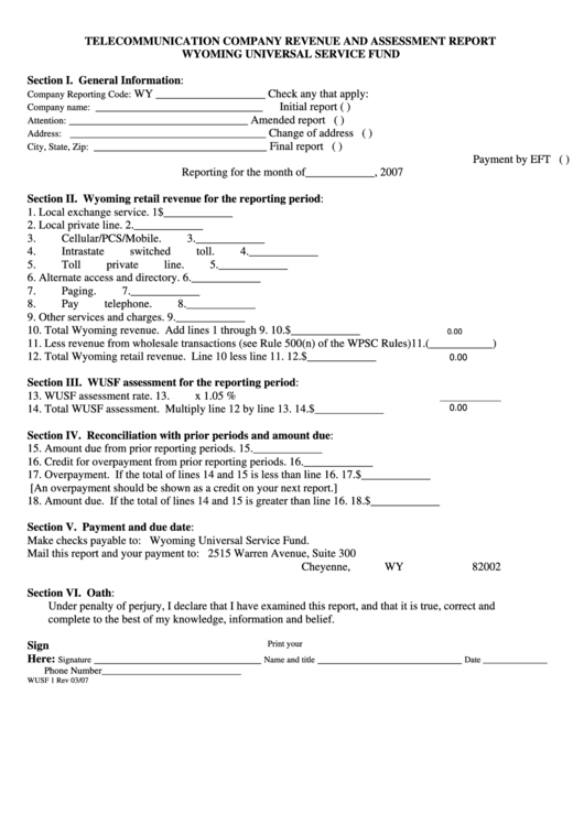 Fillable Form Wusf 1 - Telecommunication Company Revenue And Assessment Report - Wyoming Universal Service Fund - 2007 Printable pdf
