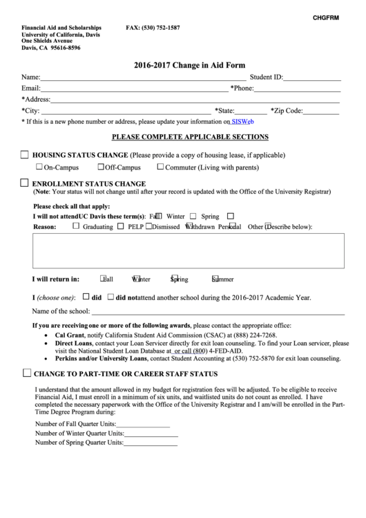 Fillable Form Chgfrm - Change In Aid Form - 2016-2017 Printable pdf