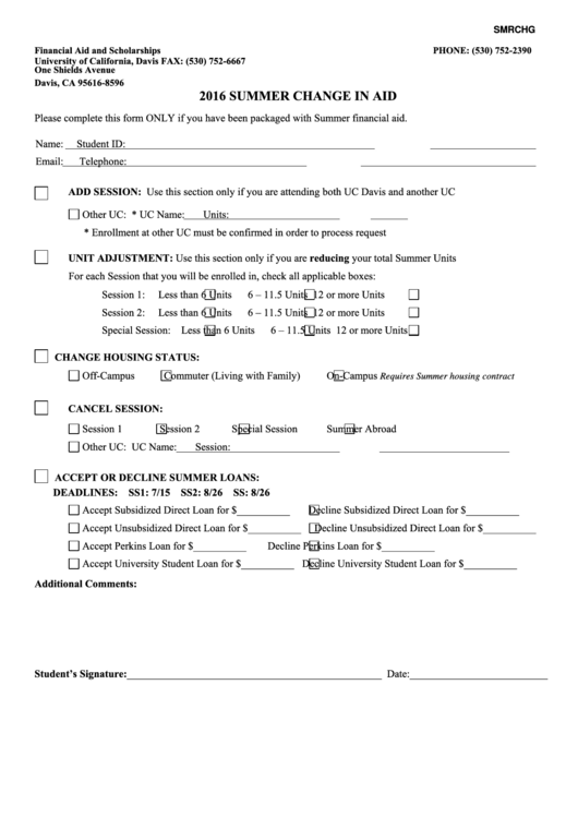 Fillable Form Smrchg - Summer Change In Aid - 2016 Printable pdf
