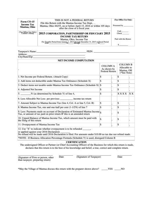 Form Co-15 - Corporation, Partnership Or Fiduciary Income Tax Return - 2015 Printable pdf