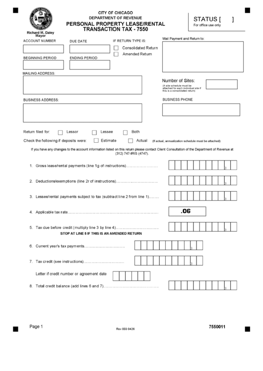 Form 7550 - City Of Chicago Personal Property Lease/rental Transaction Tax Printable pdf
