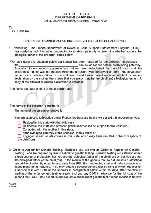 Form Cs-Op01 Sample - Notice Of Administrative Proceeding To Establish Paternity Printable pdf