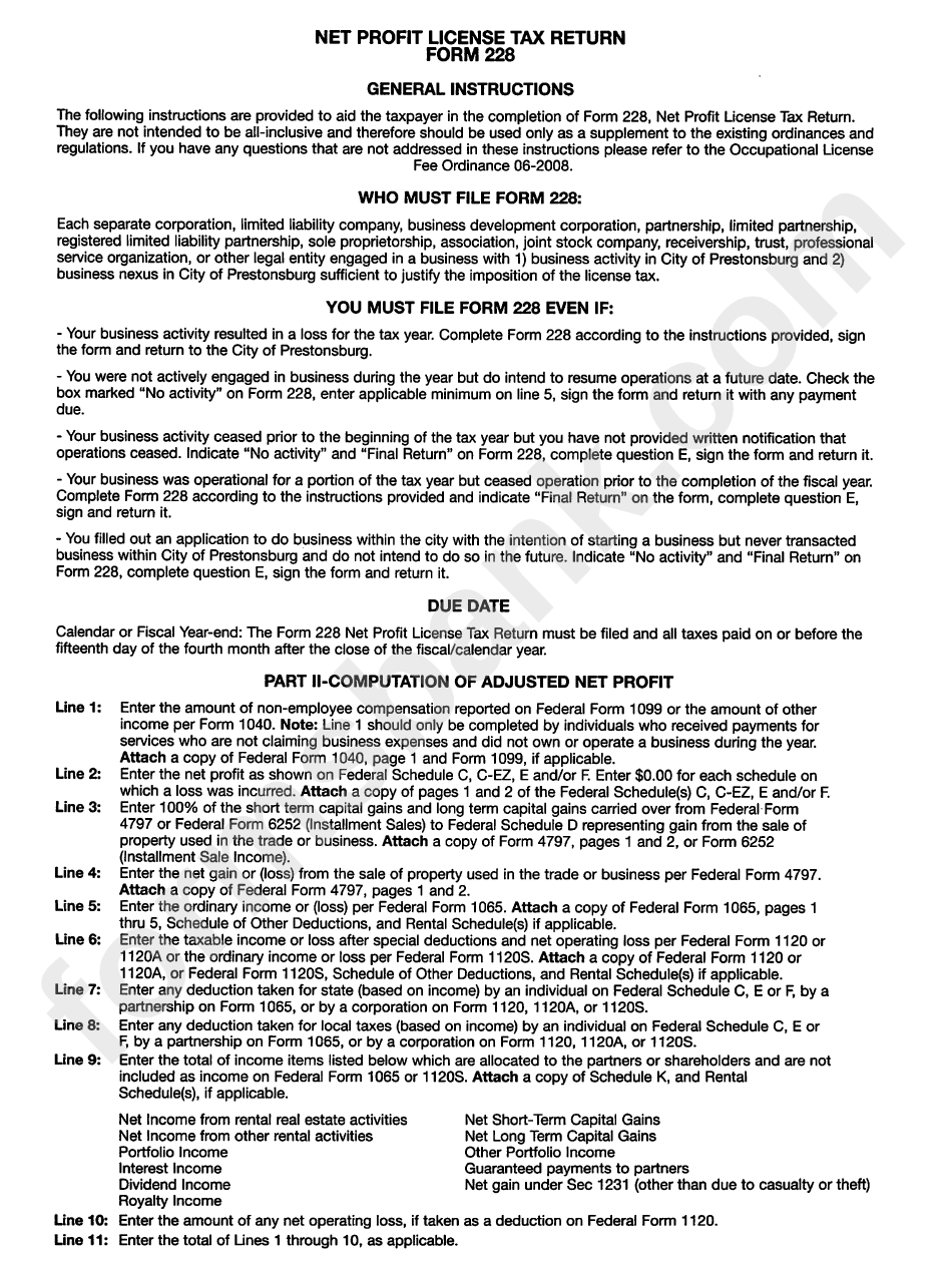 Instructions For Form 228 Net Profit License Tax Return printable pdf