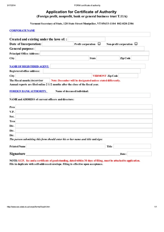 Application For Certificate Of Authority - Vermont Secretary Of State Printable pdf