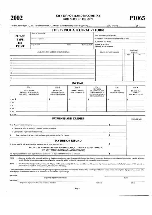 Form P1065 - City Of Portland Income Tax Partnership Return - 2002 Printable pdf