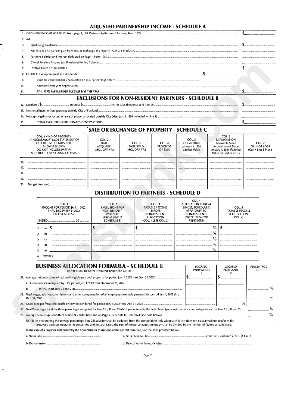 Form P1065 - City Of Portland Income Tax Partnership Return - 2002