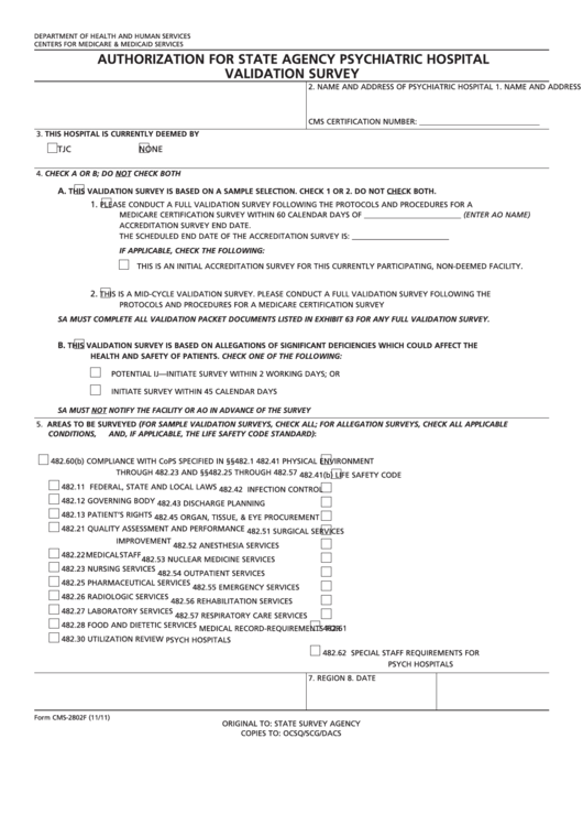 Fillable Form Cms-2802f - Authorization For State Agency Psychiatric Hospital Validation Survey Printable pdf