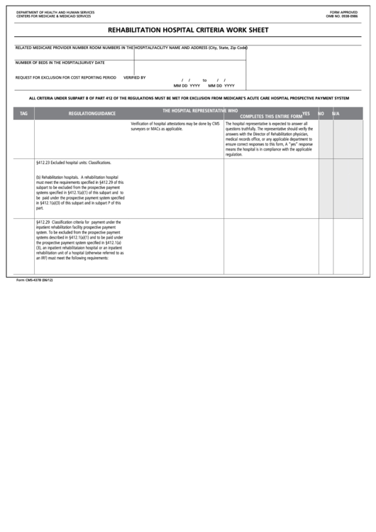 Form Cms-437b - Rehab Hospital Criteria Worksheet Printable pdf