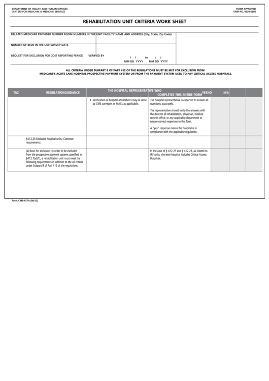Form Cms-437a - Rehab Unit Criteria Worksheet Printable pdf