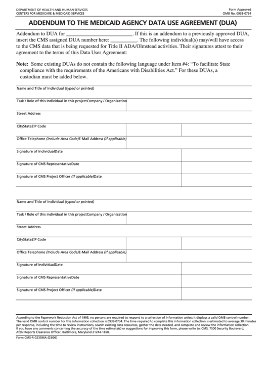 Fillable Form Cms-R-0235ma - Addendum To The Medicaid State Agency Data Use Agreement Printable pdf