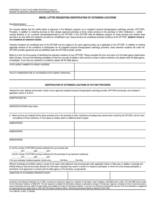 Fillable Form Cms-381 - Model Letter Requesting Identification Of Extension Locations Printable pdf