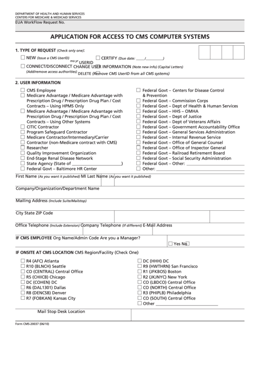 Fillable Form Cms-20037 - Application For Access To Cms Computer Systems Printable pdf