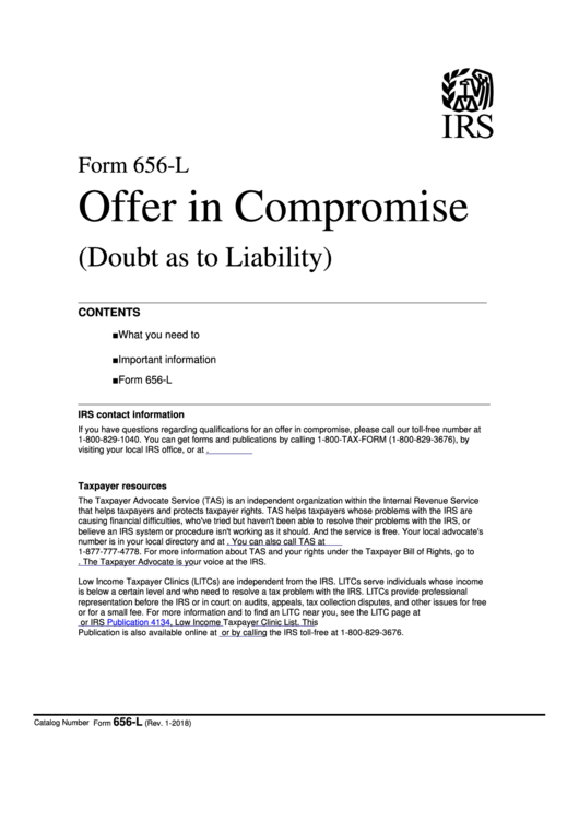 Fillable Form 656-L - Offer In Compromise (Doubt As To Liability) Printable pdf