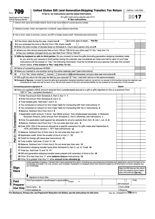 Fillable Form 709 - United States Gift (And Generation-Skipping Transfer) Tax Return - 2017 Printable pdf