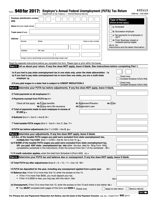 Form 940 - Employer's Annual Federal Unemployment (futa) Tax Return - 2017