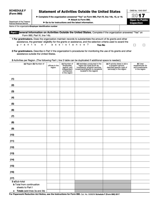 Fillable Schedule F (Form 990) - Statement Of Activities Outside The United States - 2017 Printable pdf