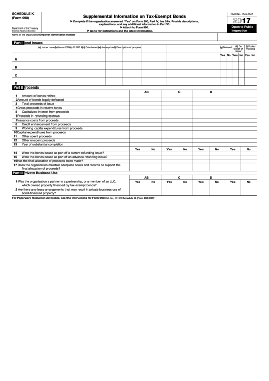 Fillable Schedule K (Form 990) - Supplemental Information On Tax-Exempt Bonds - 2017 Printable pdf