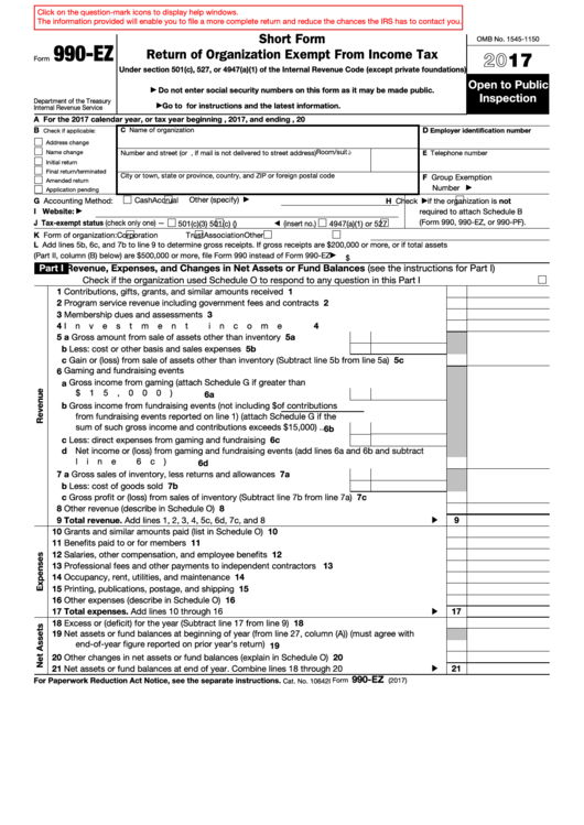 Form 990-ez - Short Form Return Of Organization Exempt From Income Tax - 2017