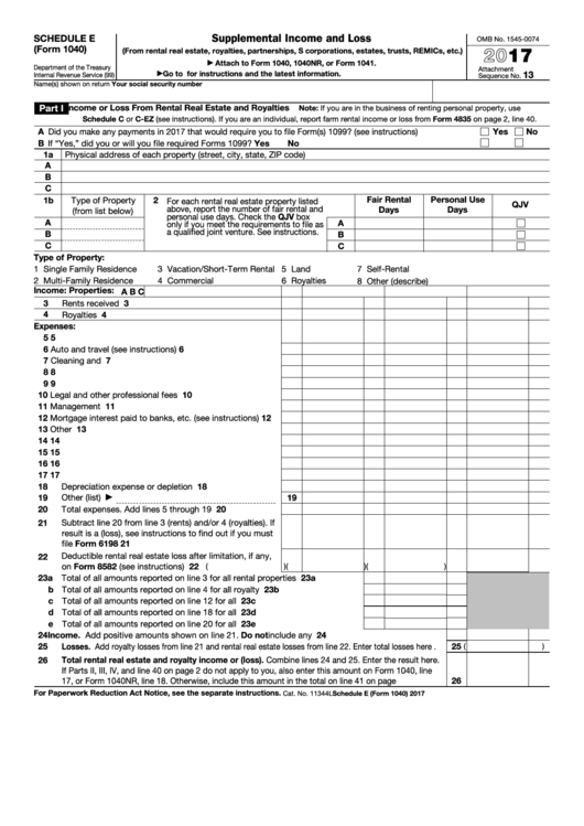 Fillable Schedule E (Form 1040) - Supplemental Income And Loss - 2017 Printable pdf
