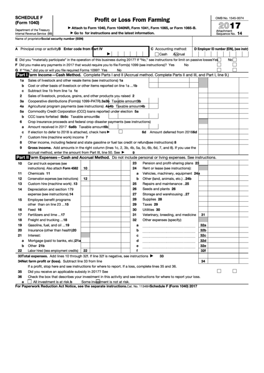 Fillable Schedule F Form 1040 Profit Or Loss From Farming 2017 Printable Pdf Download