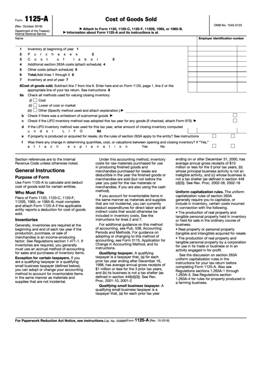 Fillable Form 1125-A - Cost Of Goods Sold Printable pdf